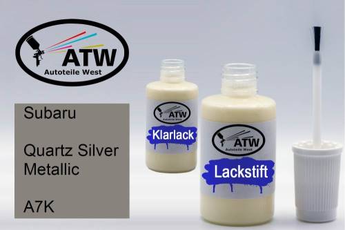 Subaru, Quartz Silver Metallic, A7K: 20ml Lackstift + 20ml Klarlack - Set, von ATW Autoteile West.